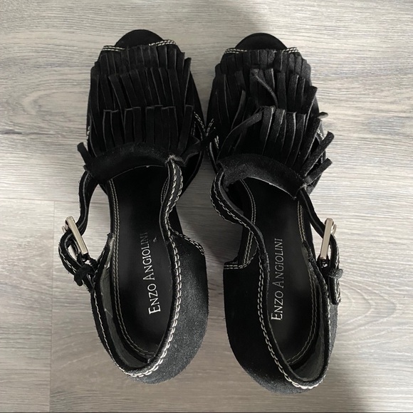 Enzo Angiolini Black Suede Fringe Wedges Shoes - Picture 6 of 16